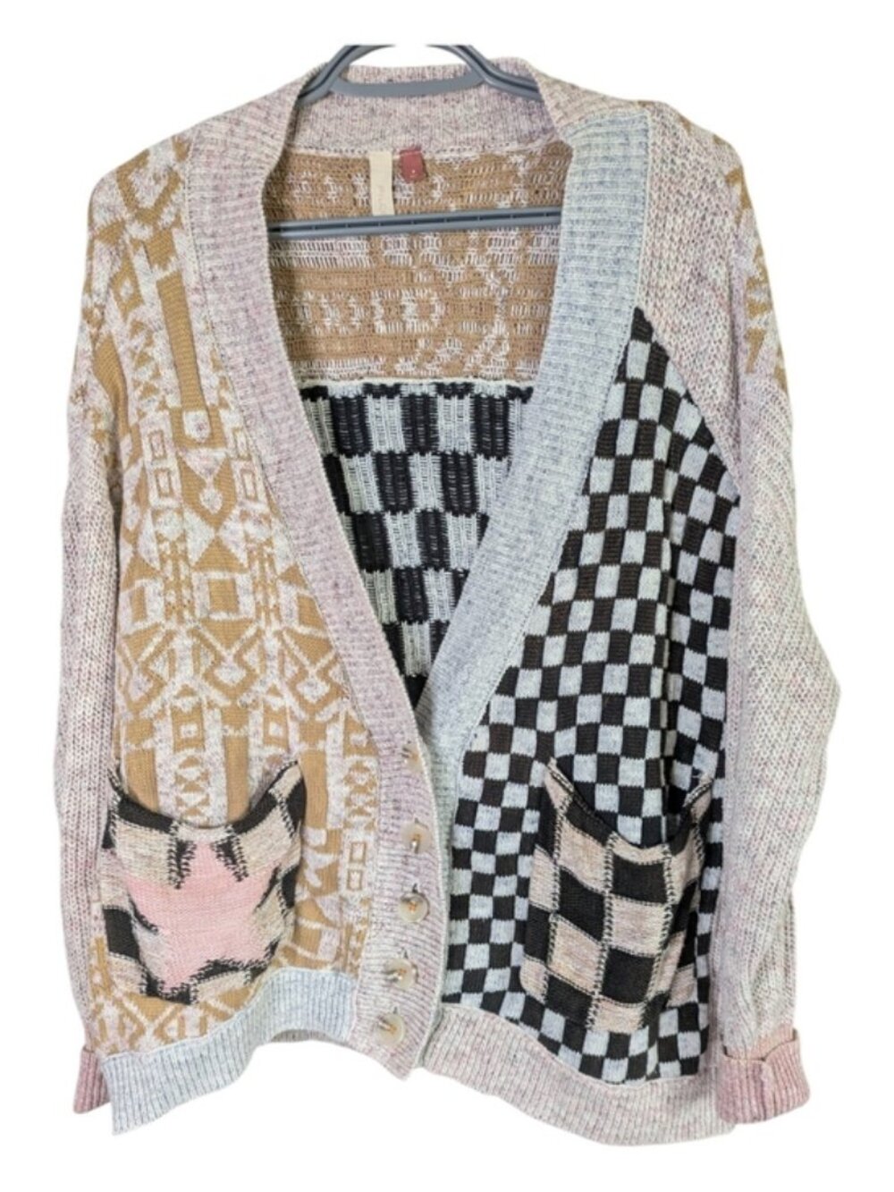 Pilcro Multicolor Patchwork Checker Knit Cardigan in Tan, Black, Cream, Pink